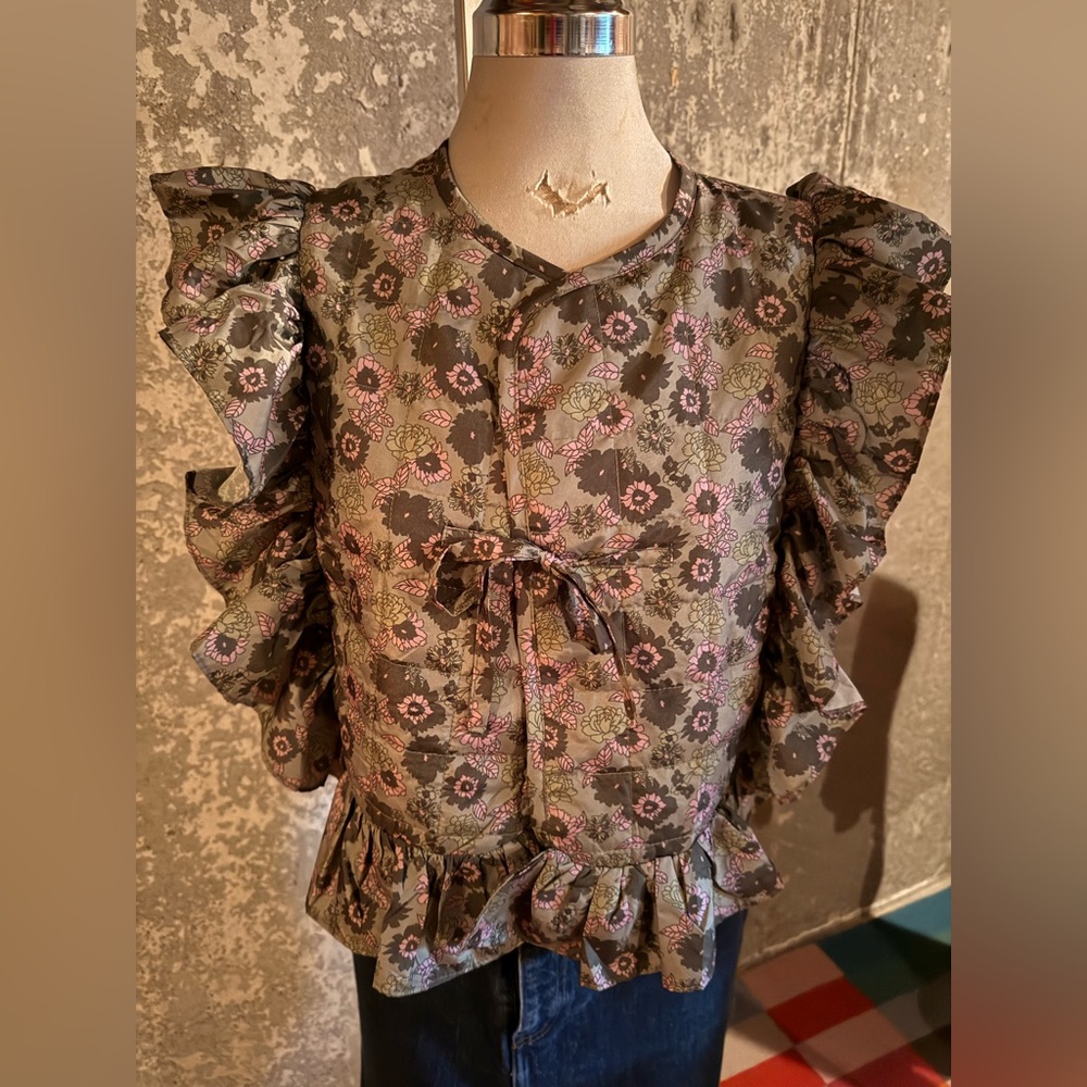 Anthropologie Green and Pink Floral Vest/Blouse